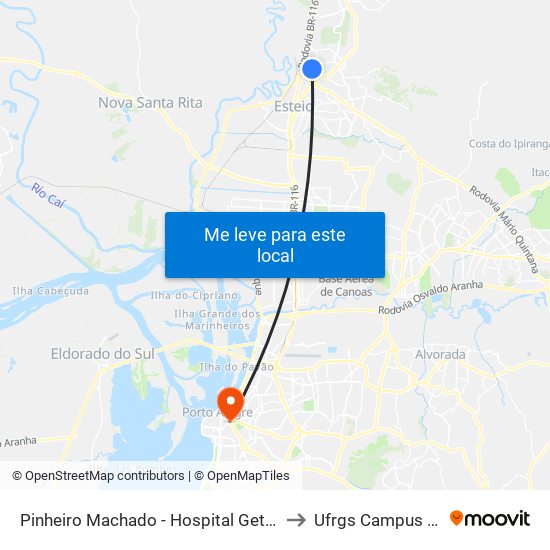 Pinheiro Machado - Hospital Getúlio Vargas to Ufrgs Campus Centro map