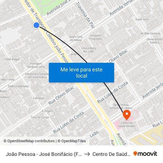 João Pessoa - José Bonifácio (Fora Do Corredor) to Centro De Saúde Modelo map