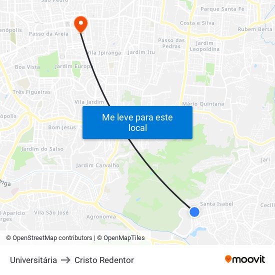 Universitária to Cristo Redentor map