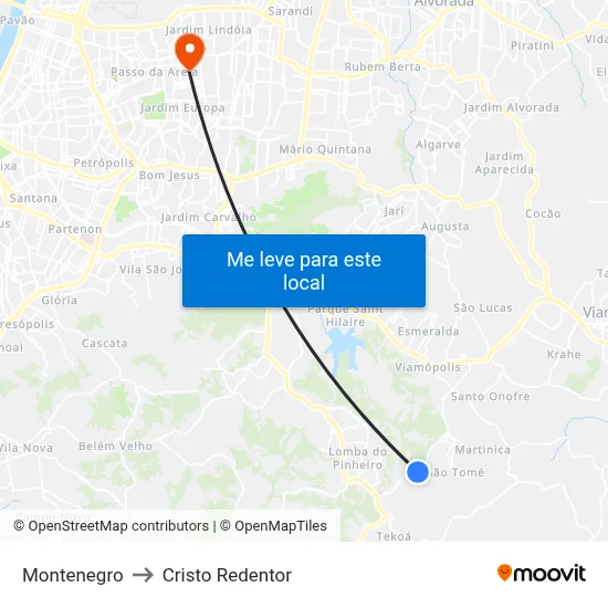 Montenegro to Cristo Redentor map