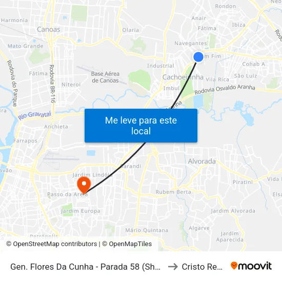 Gen. Flores Da Cunha - Parada 58 (Shopping Do Vale) to Cristo Redentor map