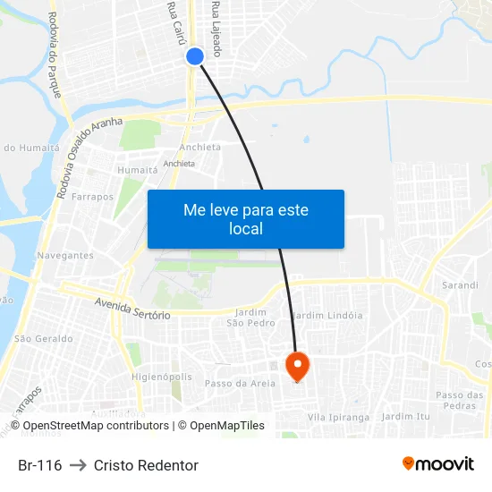 Br-116 to Cristo Redentor map