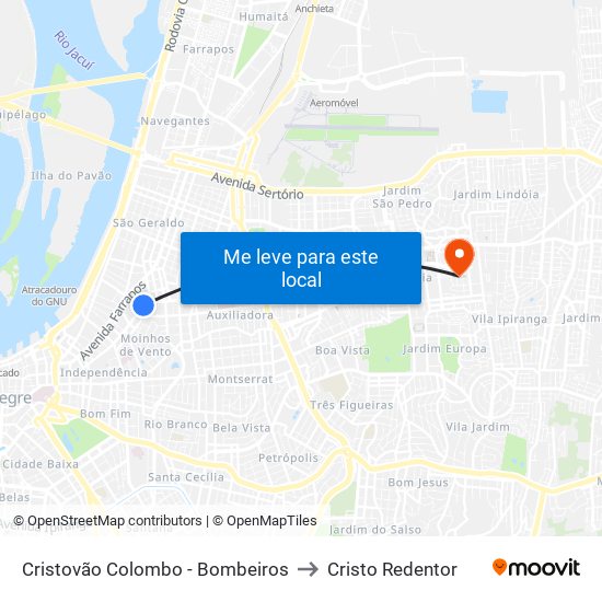 Cristovão Colombo - Bombeiros to Cristo Redentor map