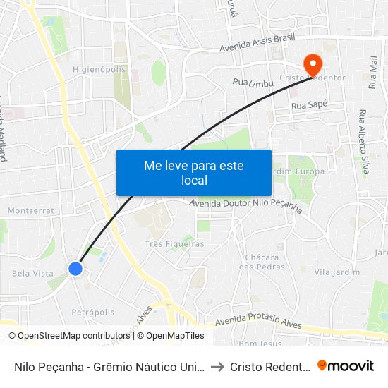 Nilo Peçanha - Grêmio Náutico União to Cristo Redentor map