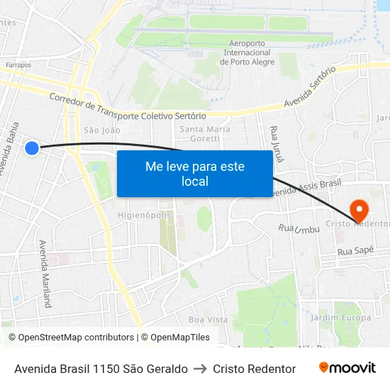 Avenida Brasil 1150 São Geraldo to Cristo Redentor map