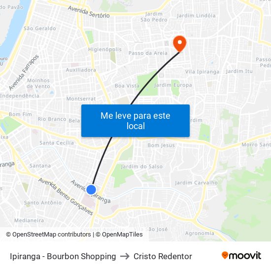 Ipiranga - Bourbon Shopping to Cristo Redentor map
