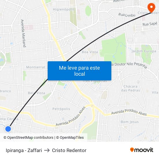 Ipiranga - Zaffari to Cristo Redentor map