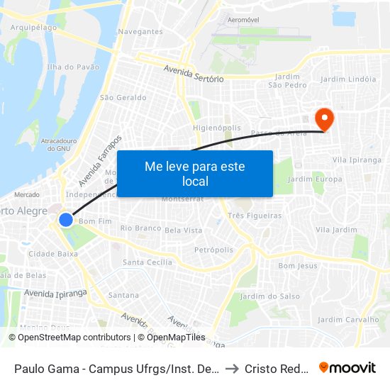 Paulo Gama - Campus Ufrgs/Inst. De Educação to Cristo Redentor map