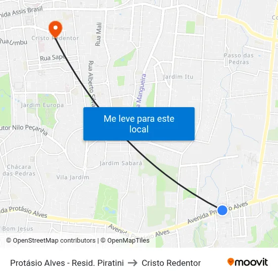 Protásio Alves - Resid. Piratini to Cristo Redentor map