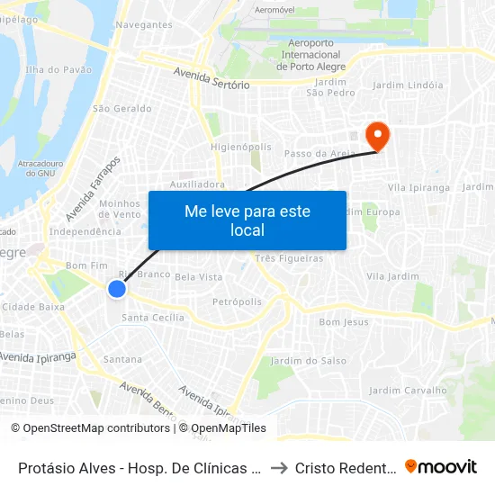 Protásio Alves - Hosp. De Clínicas Cb to Cristo Redentor map