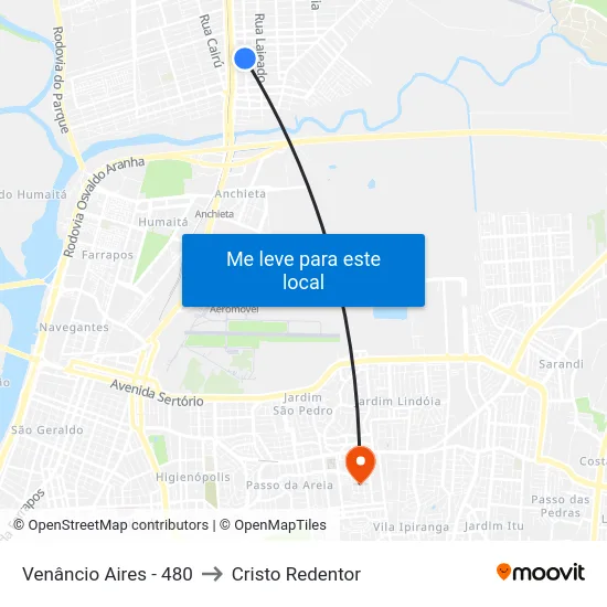 Venâncio Aires - 480 to Cristo Redentor map