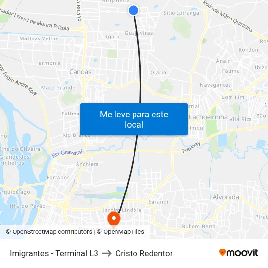 Imigrantes - Terminal L3 to Cristo Redentor map
