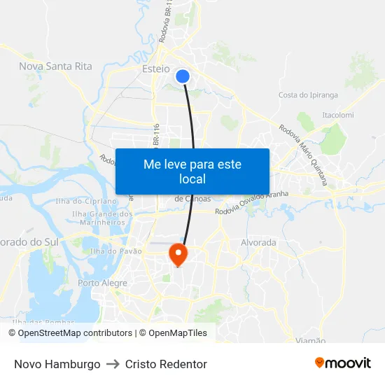 Novo Hamburgo to Cristo Redentor map