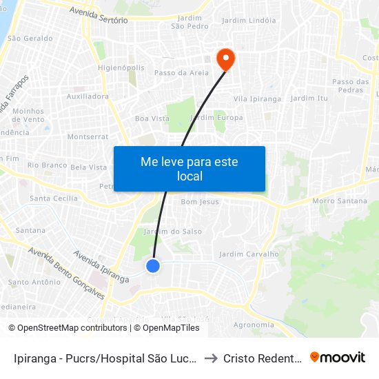 Ipiranga - Pucrs/Hospital São Lucas to Cristo Redentor map