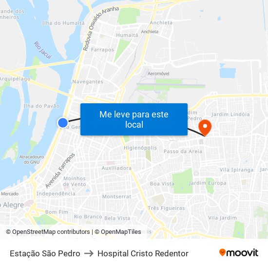 Estação São Pedro to Hospital Cristo Redentor map
