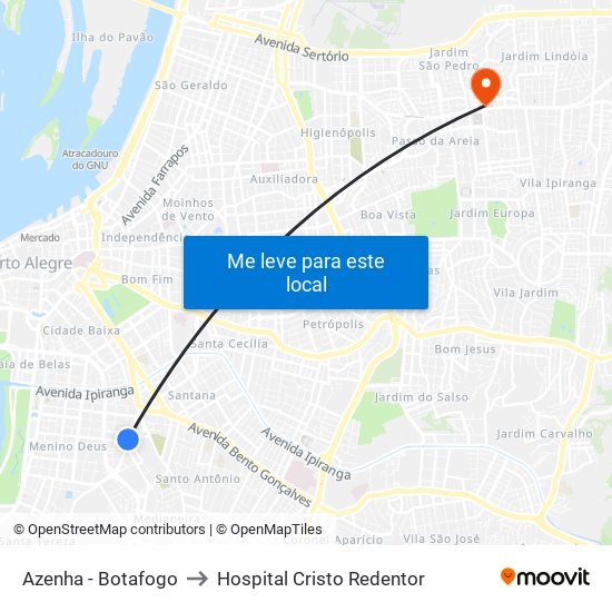 Azenha - Botafogo to Hospital Cristo Redentor map