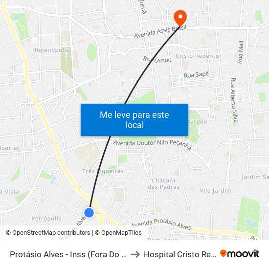 Protásio Alves - Inss (Fora Do Corredor) to Hospital Cristo Redentor map