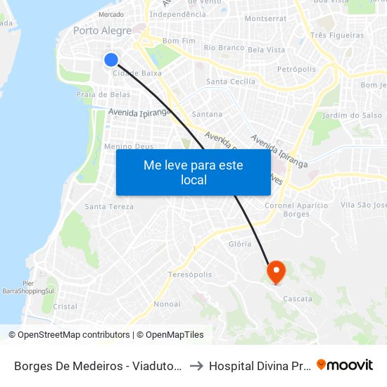 Borges De Medeiros - Viaduto Dos Açorianos to Hospital Divina Providência map