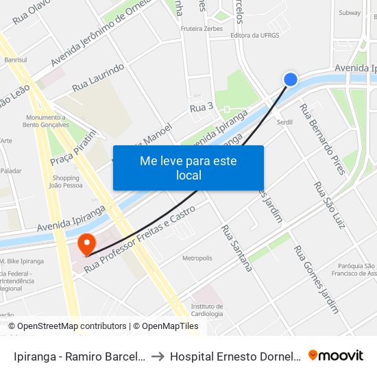 Ipiranga - Ramiro Barcelos to Hospital Ernesto Dornelles map