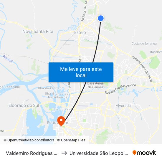 Valdemiro Rodrigues Machado to Universidade São Leopoldo Mandic map
