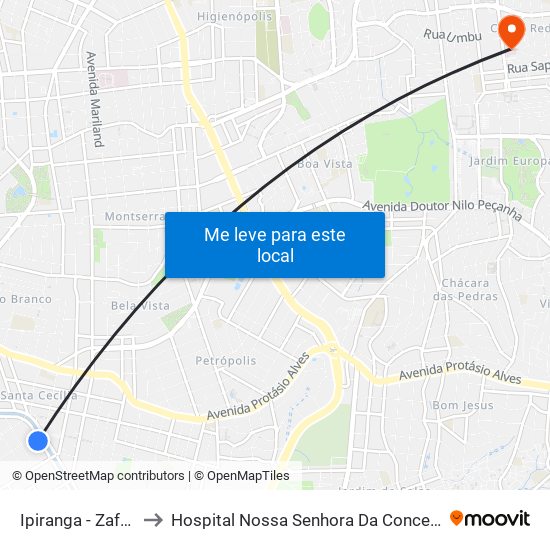 Ipiranga - Zaffari to Hospital Nossa Senhora Da Conceição map