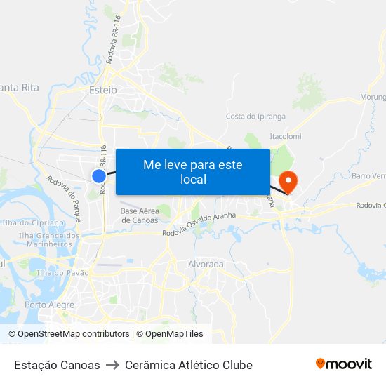 Estação Canoas to Cerâmica Atlético Clube map