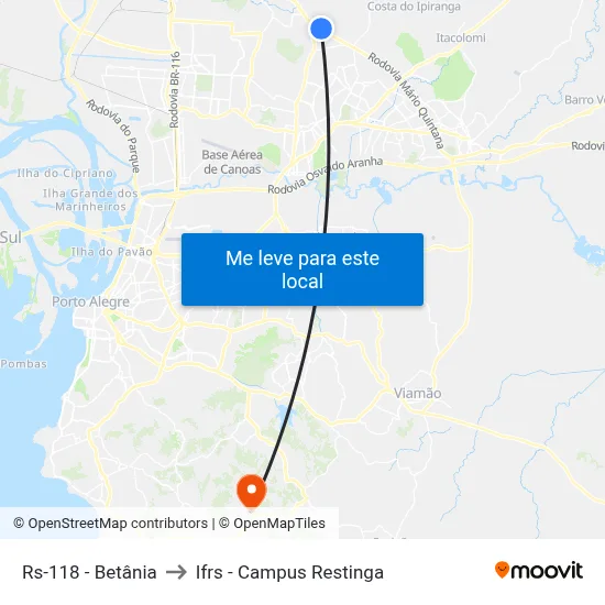 Rs-118 - Betânia to Ifrs - Campus Restinga map