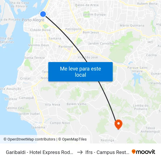 Garibaldi - Hotel Express Rodoviária to Ifrs - Campus Restinga map