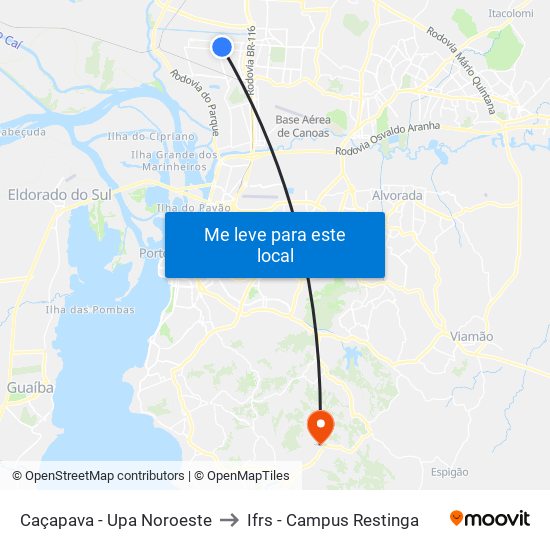 Caçapava - Upa Noroeste to Ifrs - Campus Restinga map