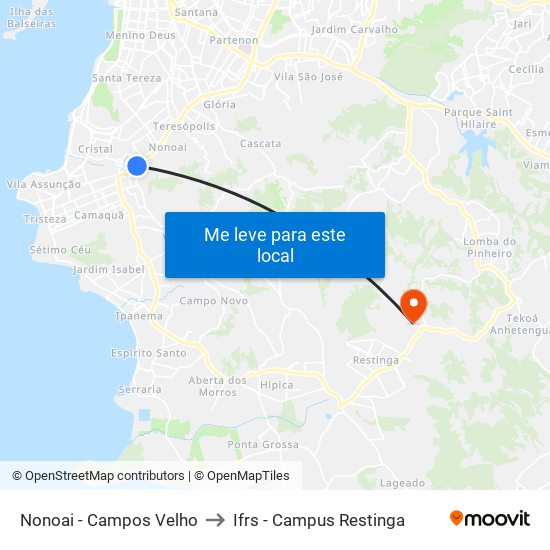 Nonoai - Campos Velho to Ifrs - Campus Restinga map