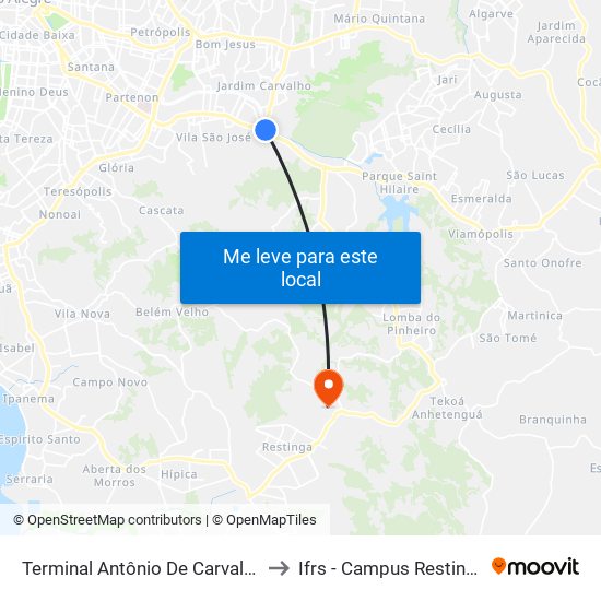 Terminal Antônio De Carvalho to Ifrs - Campus Restinga map