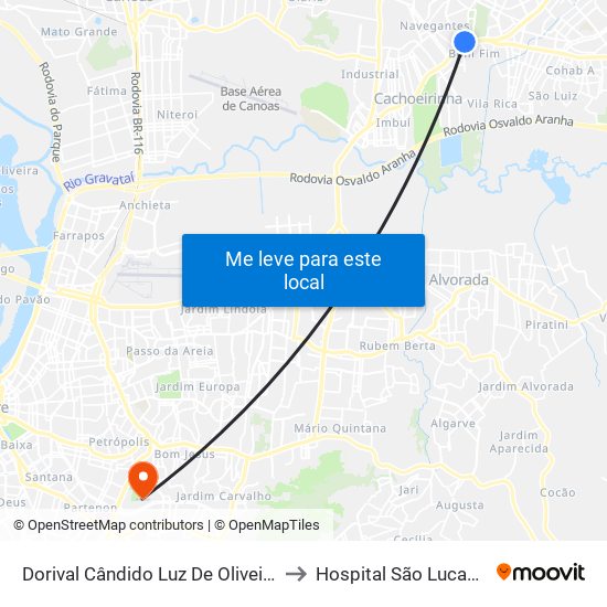 Dorival Cândido Luz De Oliveira - Parada 59 to Hospital São Lucas Da Pucrs map