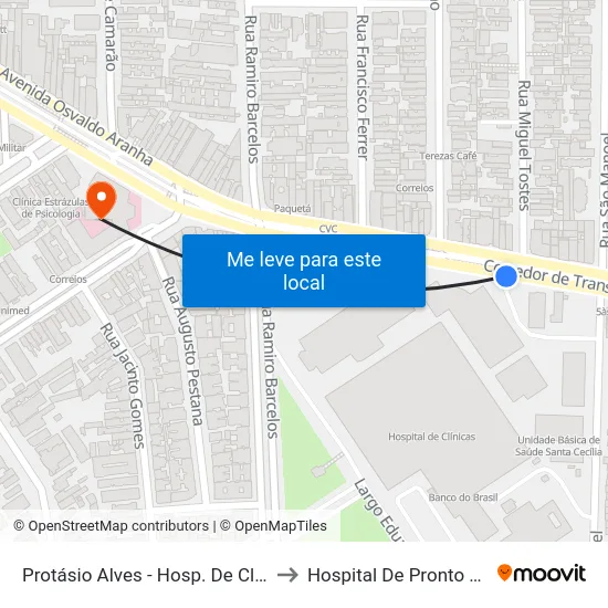Protásio Alves - Hosp. De Clínicas Cb to Hospital De Pronto Socorro map
