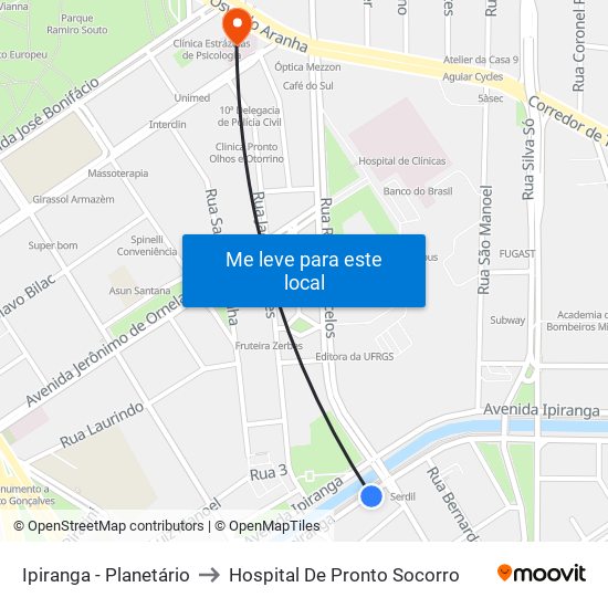 Ipiranga - Planetário to Hospital De Pronto Socorro map