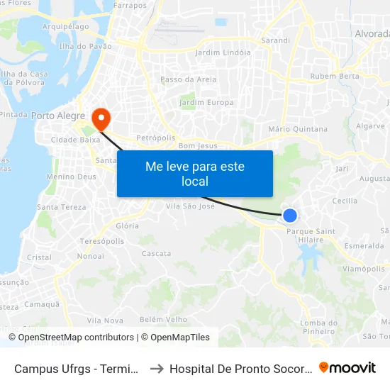 Campus Ufrgs - Terminal to Hospital De Pronto Socorro map