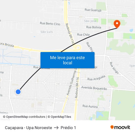 Caçapava - Upa Noroeste to Prédio 1 map