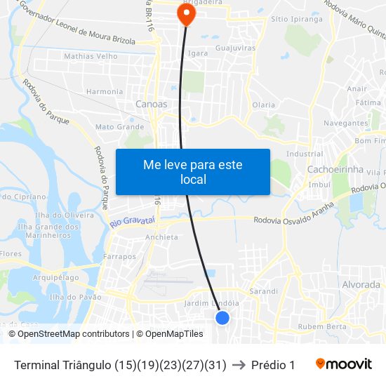 Terminal Triângulo (15)(19)(23)(27)(31) to Prédio 1 map