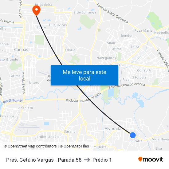 Pres. Getúlio Vargas - Parada 58 to Prédio 1 map