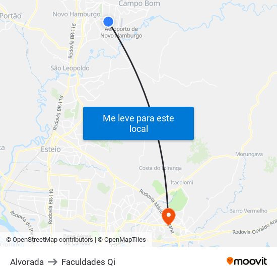 Alvorada to Faculdades Qi map