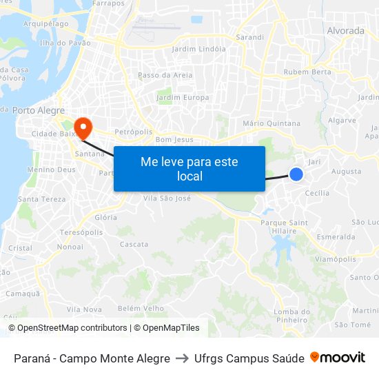 Paraná - Campo Monte Alegre to Ufrgs Campus Saúde map