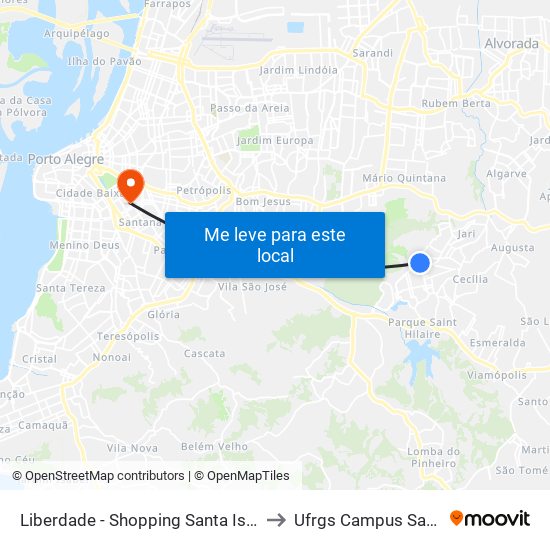 Liberdade - Shopping Santa Isabel to Ufrgs Campus Saúde map