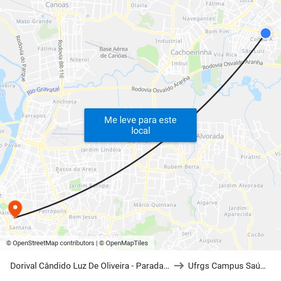 Dorival Cândido Luz De Oliveira - Parada 69 to Ufrgs Campus Saúde map