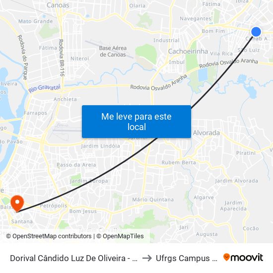 Dorival Cândido Luz De Oliveira - Parada 68 to Ufrgs Campus Saúde map