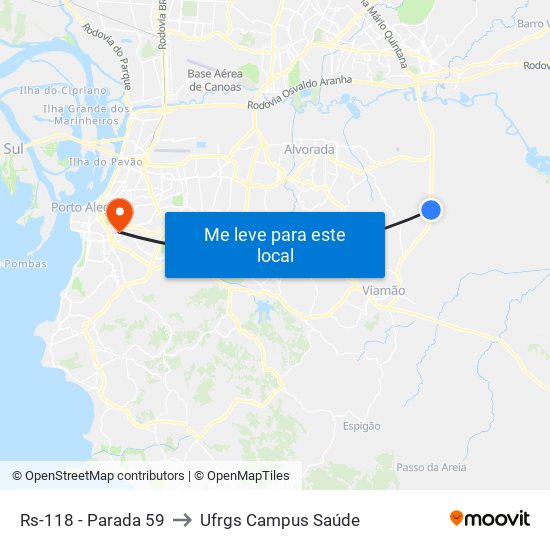 Rs-118 - Parada 59 to Ufrgs Campus Saúde map