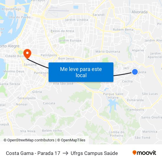 Costa Gama - Parada 17 to Ufrgs Campus Saúde map