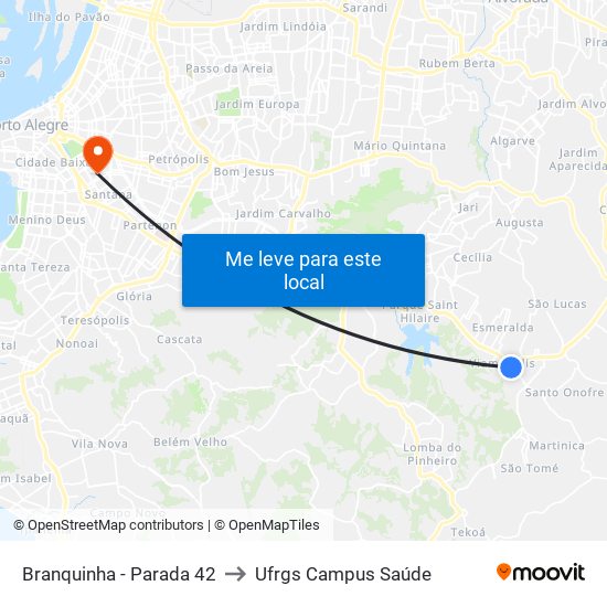 Branquinha - Parada 42 to Ufrgs Campus Saúde map