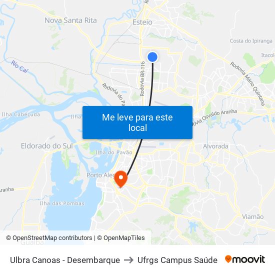 Ulbra Canoas - Desembarque to Ufrgs Campus Saúde map