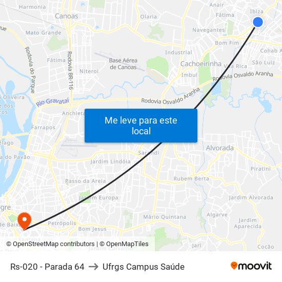 Rs-020 - Parada 64 to Ufrgs Campus Saúde map