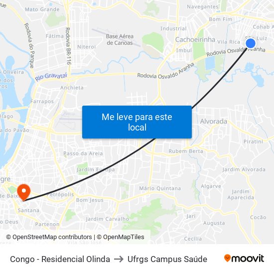 Congo - Residencial Olinda to Ufrgs Campus Saúde map