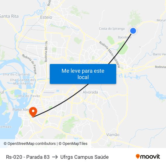 Rs-020 - Parada 83 to Ufrgs Campus Saúde map